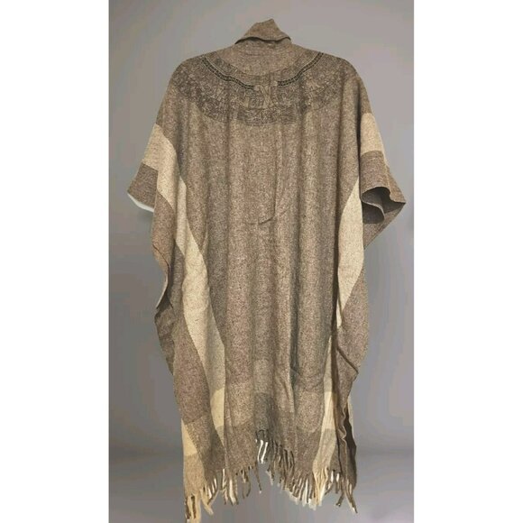 Vintage Wool Cape Western Poncho Fringe Coat One Size Ethnic Aztec Cape Taupe - Picture 3 of 8